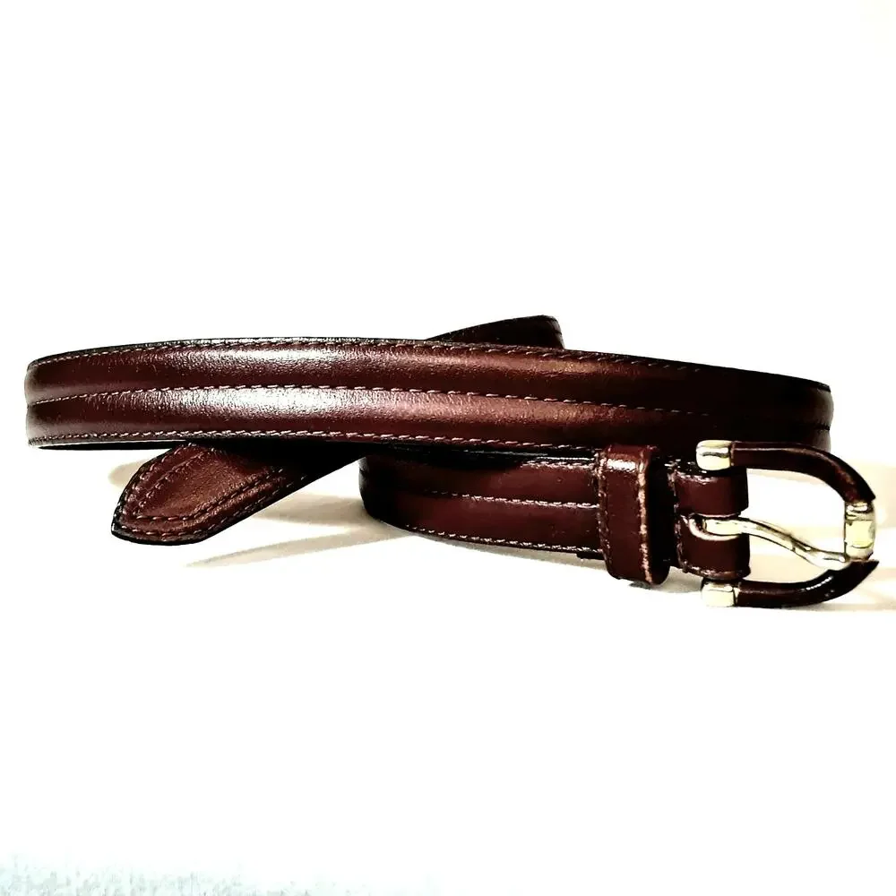 💎Unisex Dark Brown Leather Belt M  Polished Silver Tone Buckle Stitched Detail